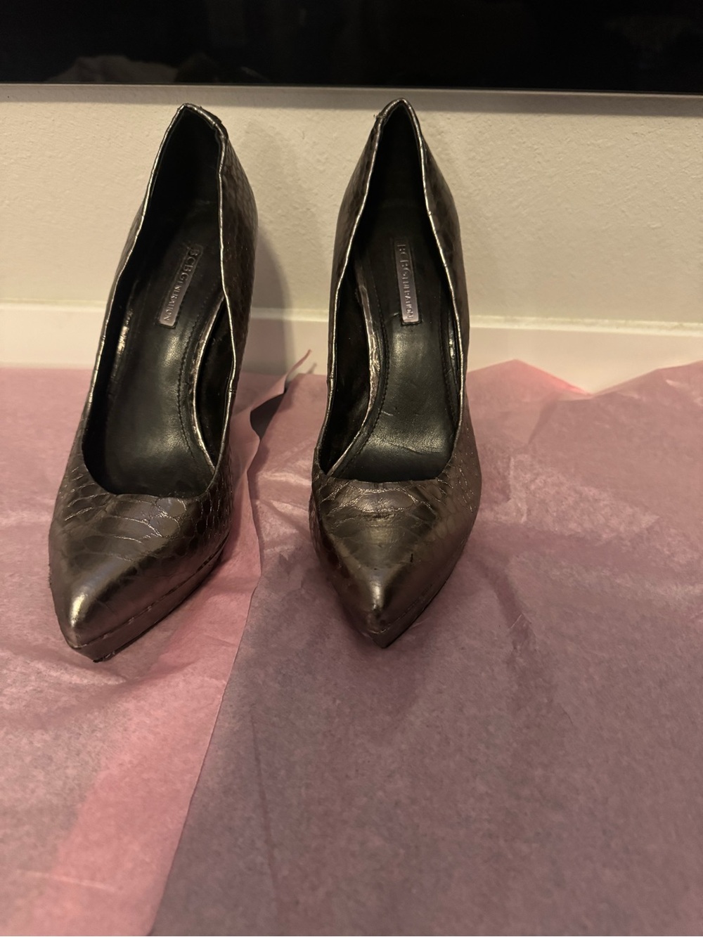 BCBGeneration Metallic Taupe Snakeskin Pointed-Toe Heels